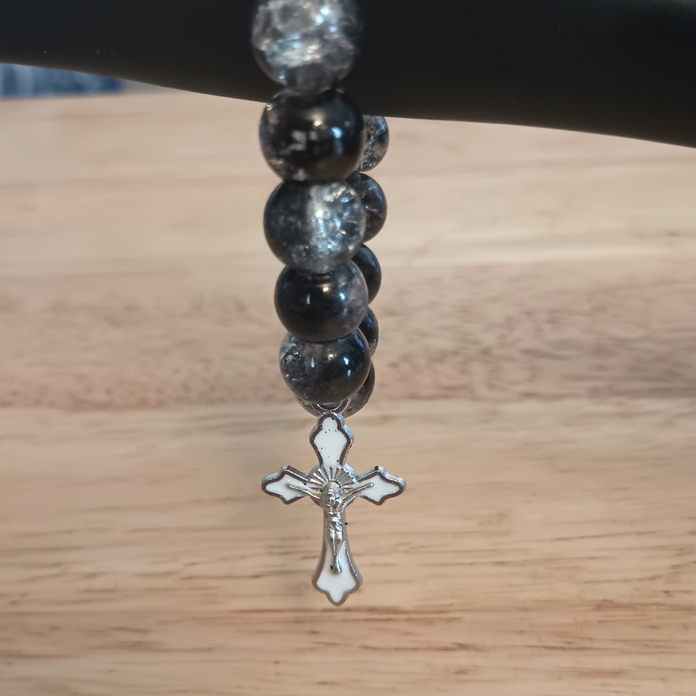 Black Beaded Bracelet with Cross Charm